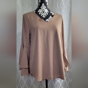 Tan V-neck Top w/ 2-tier Flare Sleeves